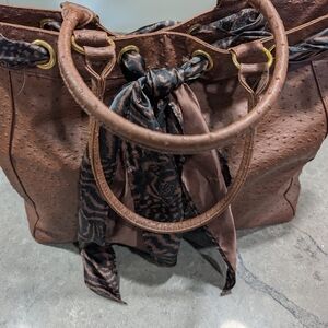 Joan Rivers Brown Leather Tote with Patterned Scarf